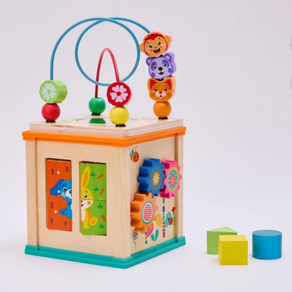 Multicolor Wooden Activity Cube with Beads